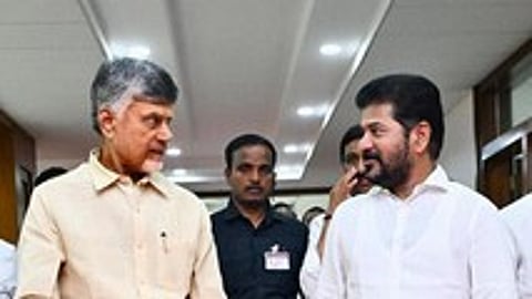 Telangana Chief Minister A Revanth Reddy (R) along with Andhra Pradesh Chief Minister Chandrababu Naidu.