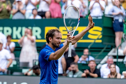 Russia's Daniil Medvedev celebrates beating Germany's Alexander Zverev, during their men's singles semifinal, at the Halle tennis tournament, Germany, Saturday, June 21, 2025.