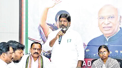 Deputy CM Bhatti Vikramarka addresses a meeting at Gandhi Bhavan on Monday