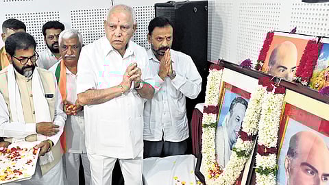 Former CM BS Yediyurappa and other BJP leaders pay tributes to founder of Bharatiya Jan Sangh Syama Prasad Mookerjee, in Bengaluru on Monday.
