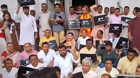 BJP MLAs protesting outside the State Assembly over the suspension of party MLAs Dipak Burman, Shankar Ghosh, Agnimitra Paul and Manoj Oraon.