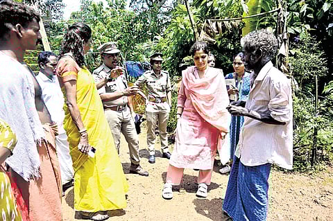 District Collector Anu Kumari visiting the Podiyakkala tribal hamlet.