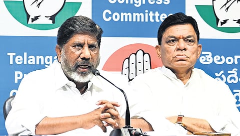 Deputy Chief Minister Mallu Bhatti VIkramarka addresses the media at
Gandhi Bhavan in Hyderabad on Tuesday