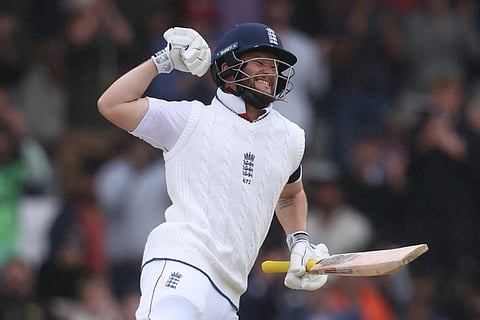 England's Ben Duckett celebrates after scoring a century on day five of the first Test between England and India at Headingley in Leeds (Photo | AP)