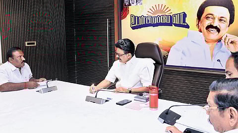 CM Stalin speaking to party functionaries at the headquarters on Tuesday