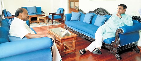 Union Minister HD Kumaraswamy calls on cabinet colleague Nitin Gadkari at the latter’s official residence in New Delhi on Tuesday.