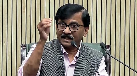 Shiv Sena (UBT) leader and Rajya Sabha member Sanjay Raut addresses a press conference.
