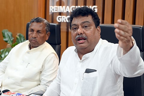 Large and Medium Industries Minister MB Patil addressing media at Vidhna Soudha in Bengaluru on Tuesday.
