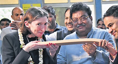 Minister MB Patil with British High Commissioner to India Lindy Cameron at Karnataka Soaps and Detergents Ltd unit in Bengaluru on Wednesday.