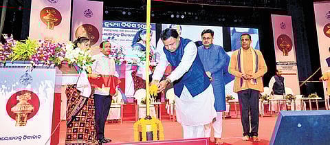 CM Mohan Charan Majhi pays floral trubites to Sengol on Samvidhan Hatya Divas