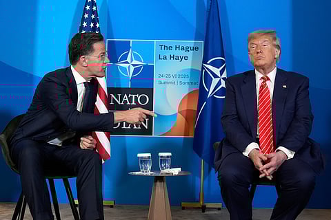 President Donald Trump meets NATO Secretary General Mark Rutte at the NATO summit in The Hague, Netherlands, Wednesday, June 25, 2025.