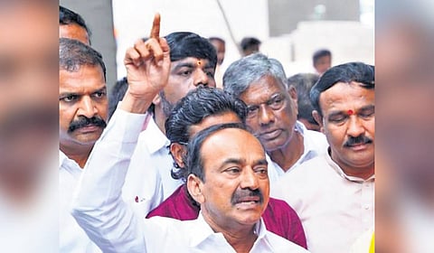 BJP MP Eatala Rajendar speaks to the media after appearing before the SIT at the Jubliee HIlls police station on Tuesday