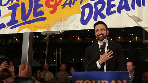 Democratic mayoral candidate Zohran Mamdani takes the stage at his primary election party, Wednesday, June 25, 2025, in New York.