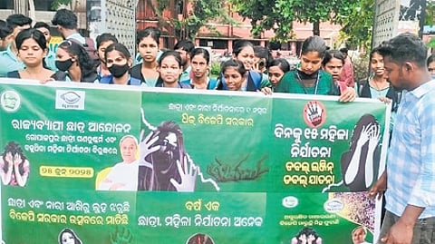 Student activists of BJD protesting against rise in crime against women during a statewide agitation.