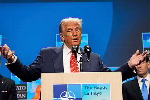 President Donald Trump gestures as he speaks during a media conference at the end of the NATO summit in The Hague, Netherlands, Wednesday, June 25, 2025.