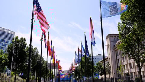 International flags on the venue ahead of NATO summit in The Hague.