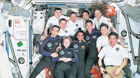 India’s Shubhanshu Shukla with three other astronauts and International Space Station (ISS) crew after the Axiom-4 mission’s Space-X Dragon spacecraft docked with the ISS, as part of the mission.