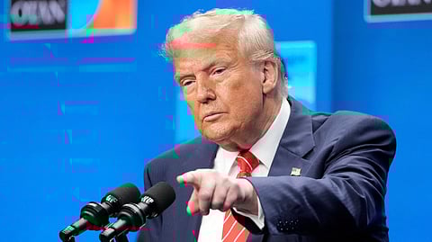 President Donald Trump gestures during a press conference after the plenary session at the NATO summit in The Hague, Netherlands, Wednesday, June 25, 2025.