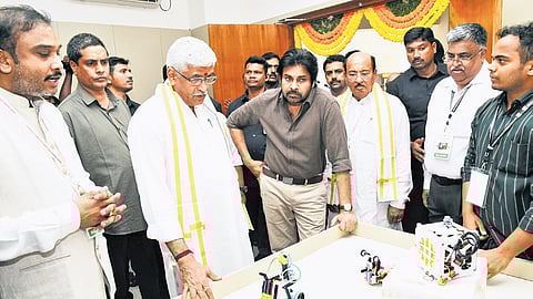 Union Tourism Minister Gajendra Singh Shekhawat and Deputy CM K Pawan Kalyan during the inauguration of the Science Centre at Bommuru on Thursday