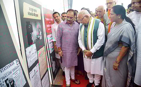 Delhi Chief Minister Rekha Gupta and Central Minister Manohar Lal Khattar inaugurate an Exhibition on 50 years of Imposition of Emergency at Central Park, Cannaught Place.
