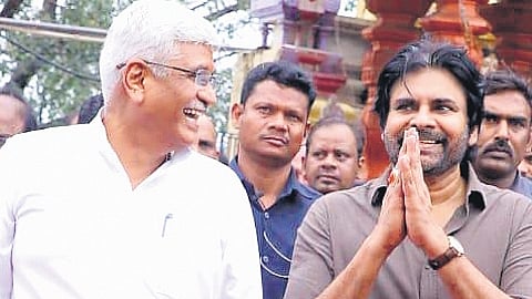 Union Tourism Minister Gajendra Singh Shekhawat and Deputy CM K Pawan Kalyan at the foundation ceremony