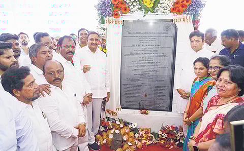 IT & Industries Minister D Sridhar Babu, along with MLA Arekapudi Gandhi, lays the foundation stone for a road-widening project in Hyderabad on Friday