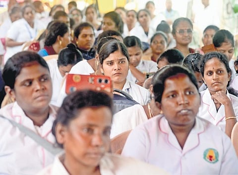 The nurses protesting outside Raja Rathinam stadium.