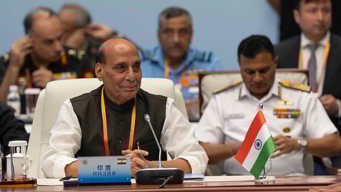 ndia's Defence Minister Rajnath Singh, left, attends the Defense Ministers' Meeting of the Shanghai Cooperation Organization Members States in Qingdao in eastern China's Shandong province on Thursday, June 26, 2025.
