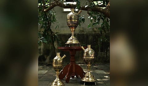 Forged by the Mooshari community and finished with oversize coconut shells and ornamental brass work, they were once treasured in the Arabian peninsula.