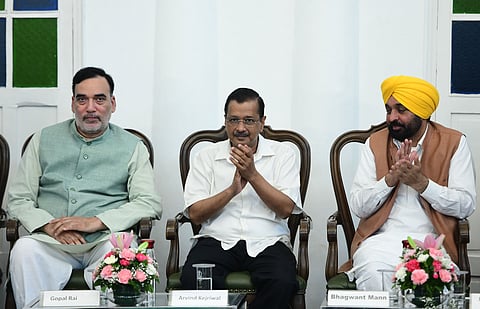 AAP national convener Arvind Kejriwal with other leaders on Wednesday