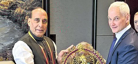 Rajnath Singh meets Russian defence minister Andrey Belousov in Qingdao, China.