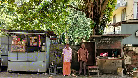 N G Ramachandran (left) and T V Joseph (right) by their stalls on Sebastian Road, Kaloor, Kochi.