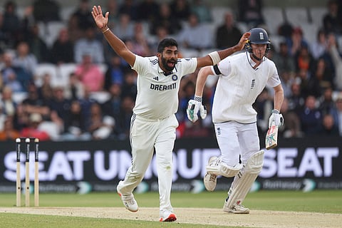 India's Jasprit Bumrah appeals during the first cricket test match between England and India at Headingley in Leeds, England, Tuesday, June 24, 2025.