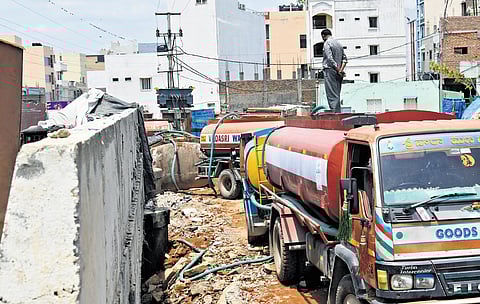 Water tankers being filled from the Sunnam Cheruvu on Saturday