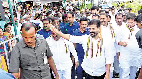 Chief Minister A Revanth Reddy at the inauguration of PJR flyover on Saturday.