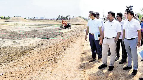 Chief Secretary N Muruganandam inspecting the restoration works of the Tangal Lake in Sholinganallur on Saturday.