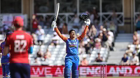 Smriti Mandhana celebrates after reaching her century on Saturday