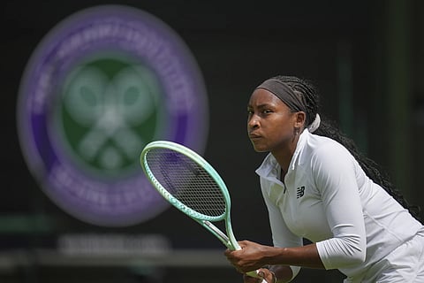 Coco Gauff of United States attends a practice session ahead of the Wimbledon championships in London, Friday, June 27, 2025