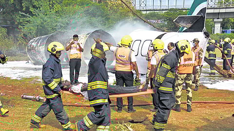 A full-scale emergency drill was held at the Chennai International Airport on Saturday.
