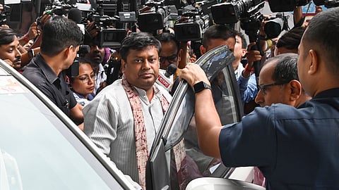 Kolkata: Union Minister of State and West Bengal BJP President Sukanta Majumdar arrives to join the party's protest against the alleged gang-rape of a girl student of a law college, in Kolkata, West Bengal.