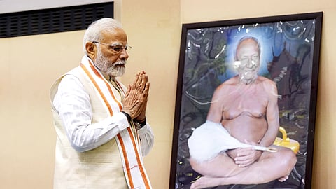 PM pays tribute to Acharya Vidyanand Ji Maharaj on his 100th birth anniversary at Vigyan Bhawan, in New Delhi on June 28, 2025.