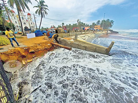 Waves lash the shore in front of Vettucaud church and attached property in Thiruvananthapuram. A park under construction was washed away by the encroaching sea recently raising concern.
