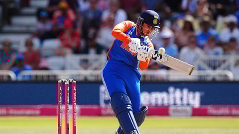 India's Smriti Mandhana plays a shot during during the second Women's International T20 at Trent Bridge, Nottingham, England, Saturday, June 28, 2025.