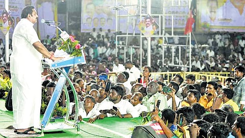 AIADMK leader EPS addressing a gathering in Kallakurichi on Sunday.