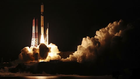 An H-2A rocket carrying Global Observing SATellite for Greenhouse gases and Water cycle, or GOSAT-GW satellite, lifts off from a launch pad in Tanegashima Space Center in Tanegashima, southern Japan, early Sunday, June 29, 2025.