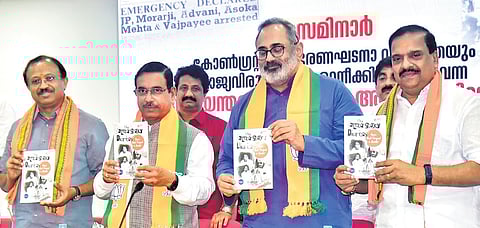 Union Minister Pralhad Joshi, former Union minister V Muraleedharan, BJP state president Rajeev Chandrasekhar and senior BJP leader P K Krishnadas release a book during a seminar on Emergency, in Thiruvananthapuram on Sunday.