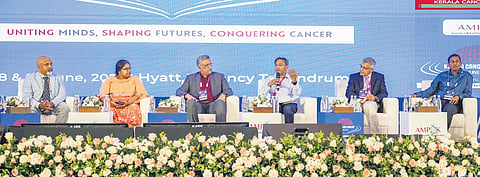 Dr Moni Abraham Kuriakose moderating a session at Kerala Cancer Conclave in Thiruvananthapuram on Sunday.