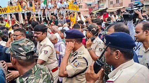 Police officials visit the site after a stampede near Shree Gundicha Temple, in Puri, Odisha, Sunday, June 29, 2025. At least three people were killed and 50 others suffered injuries in the incident.