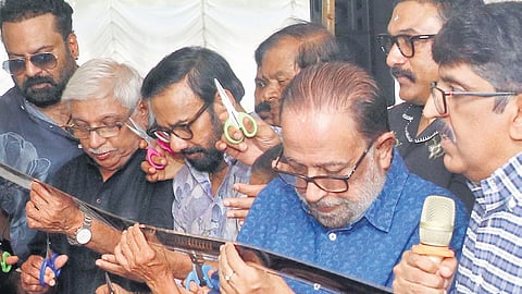 Malayalam film personalities Tini Tom, Kamal, Maniyanpilla Raju, Sibi Malayil, Baburaj and B Unnikrishnan during the protest in front of the Censor Board regional office at Chitranjali Studio Complex in Thiruvananthapuram on Monday