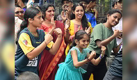 Children perform Zumba dance in front of the secretariat on Sunday, under the auspices of the Zumba Association of Kerala in protest against the opposition of various political and religious organizations to practicing Zumba dance in schools.